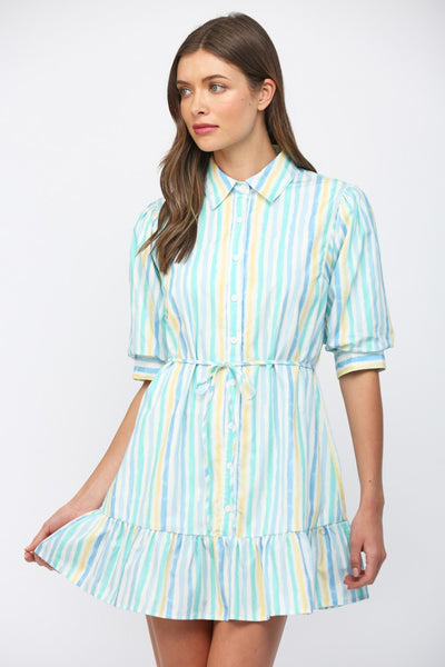 Vertical Striped Waist Tie Shirt Dress