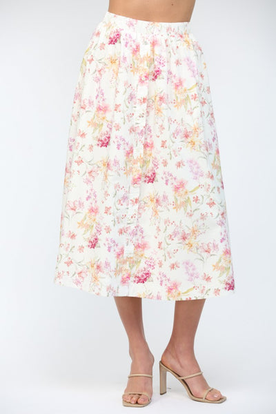 Button Down Front Floral Midi Skirt