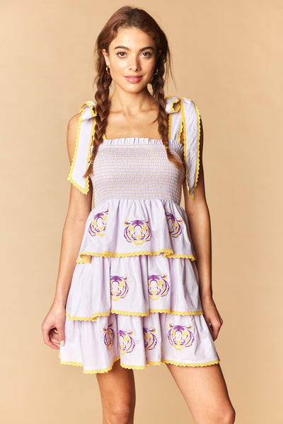 Tiger Embroidery Tiered Mini Dress