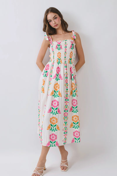 Floral Smocked Bodice Midi Dress
