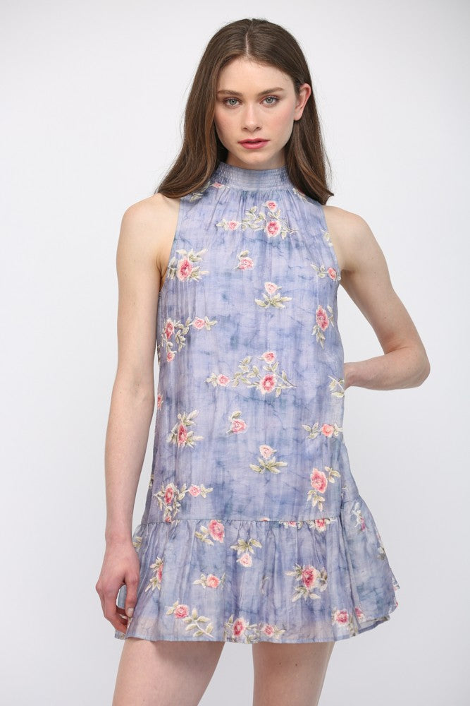 High Neck Sleeveless Floral Dress