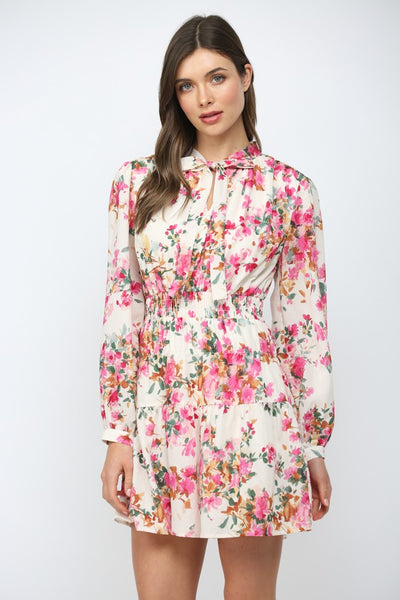 Long Sleeve Waist Smocked Mini Dress