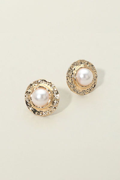 Pearl Accent Textured Metal Frame Stud Earrings