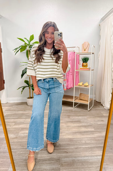 Stripe Raw Edge Short Sleeve Sweater