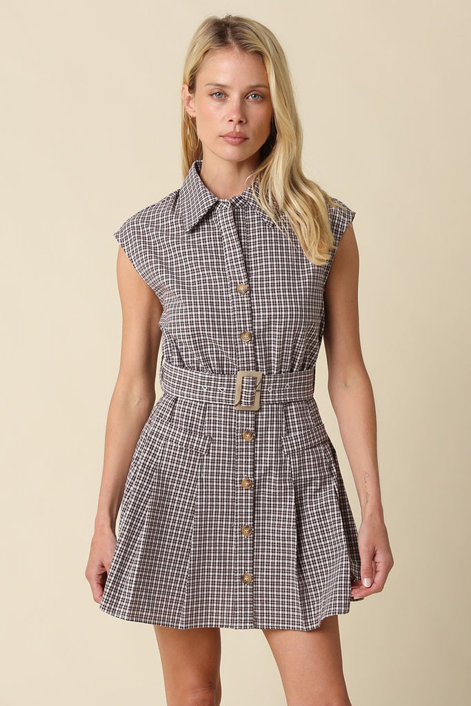 Brown Plaid Belted Mini Dress