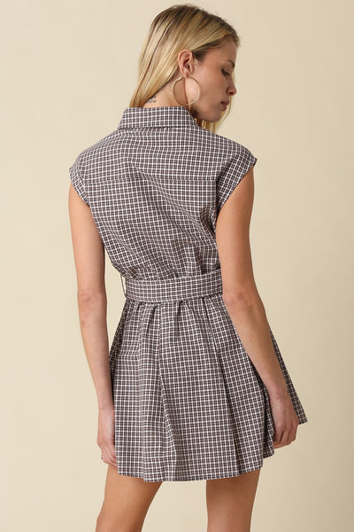 Brown Plaid Belted Mini Dress