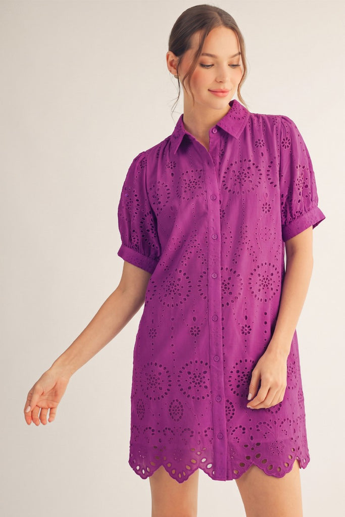 Scallop Hem Button Down Eyelet Dress