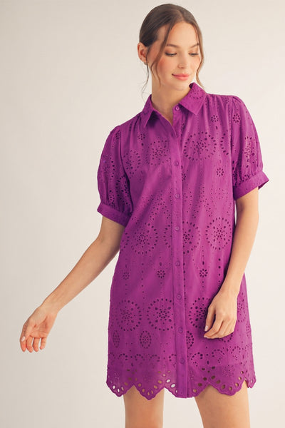 Scallop Hem Button Down Eyelet Dress