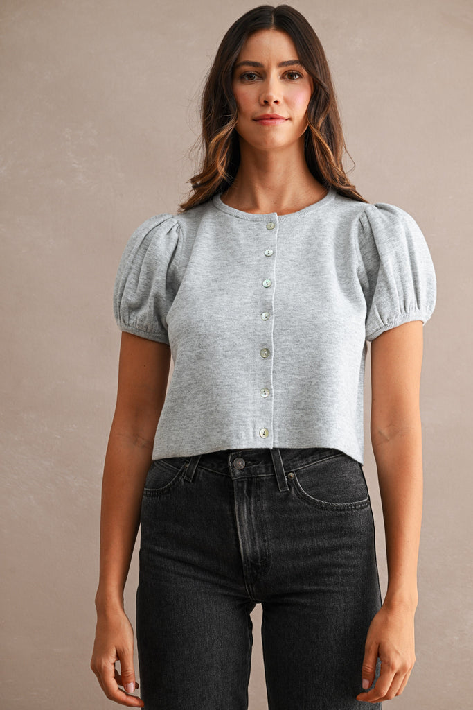 Puff Sleeve Button Down Knit Cardigan Top