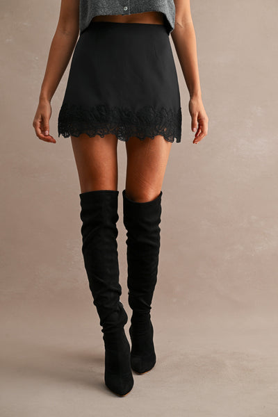 Solid Mini Skort W/ Floral Lace Trim