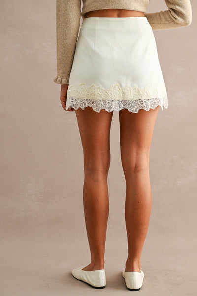 Solid Mini Skort W/ Floral Lace Trim