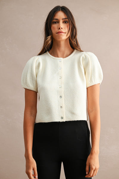 Puff Sleeve Button Down Knit Top