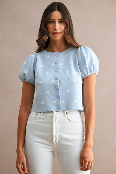 Polka Dot Puff Sleeve Button Down Top