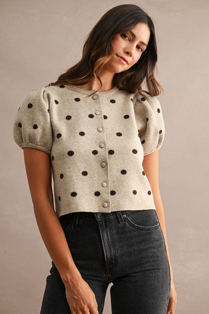 Polka Dot Puff Sleeve Button Down Top