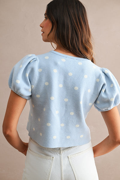 Polka Dot Puff Sleeve Button Down Top
