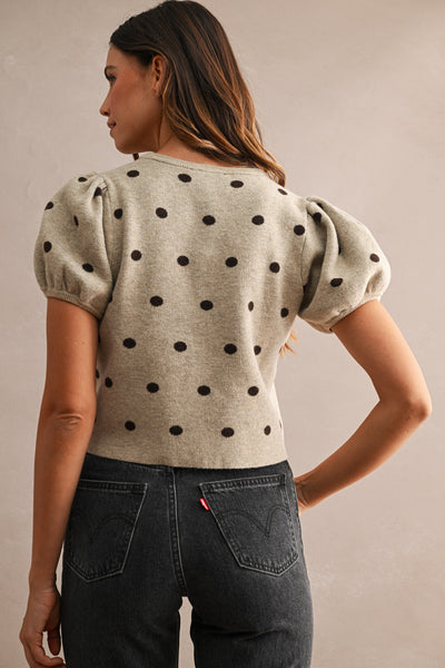 Polka Dot Puff Sleeve Button Down Top