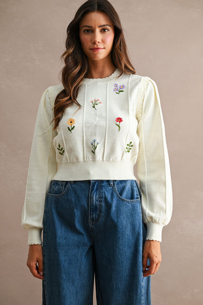 Floral Embroidered Long Sleeve Sweater Top