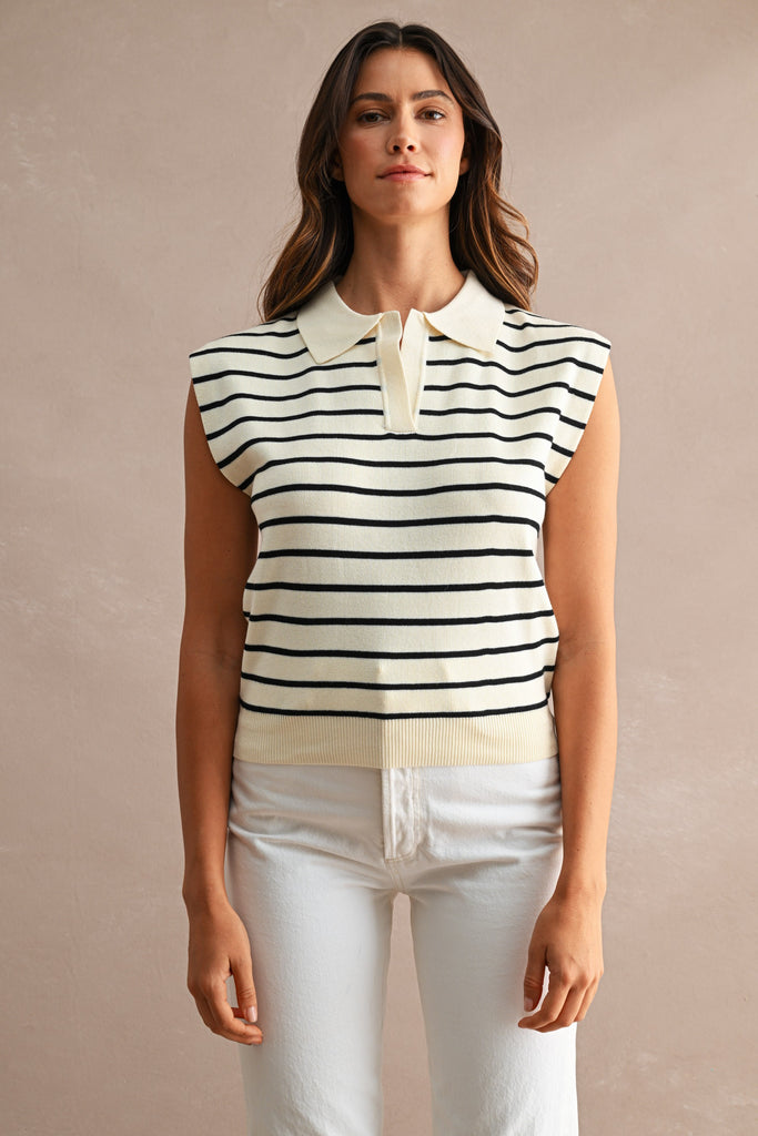 Striped Sleeveless Collar Sweater Vest Top