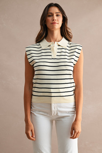 Striped Sleeveless Collar Sweater Vest Top
