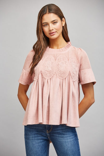 Lace Applique Detail Faux Suede Top