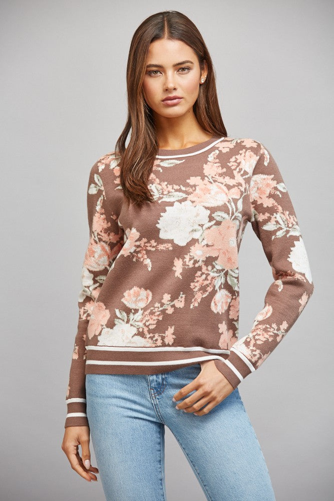 Floral Jacquard Knit Crew Neck Sweater