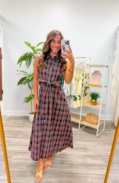 Plaid Collared Sleeveless Midi Dress