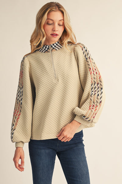 Plaid Contrast Accent Textured Zip Up Top