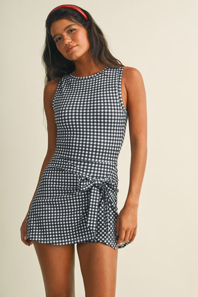 Gingham Sleeveless Wrap Tie Front Dress