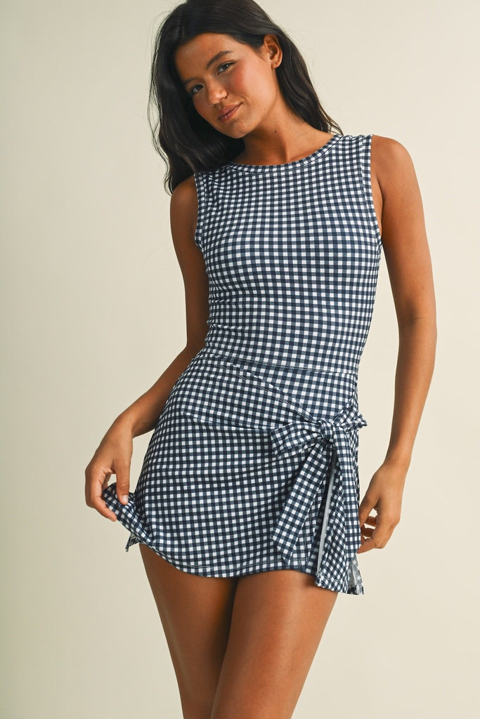 Gingham Sleeveless Wrap Tie Front Dress