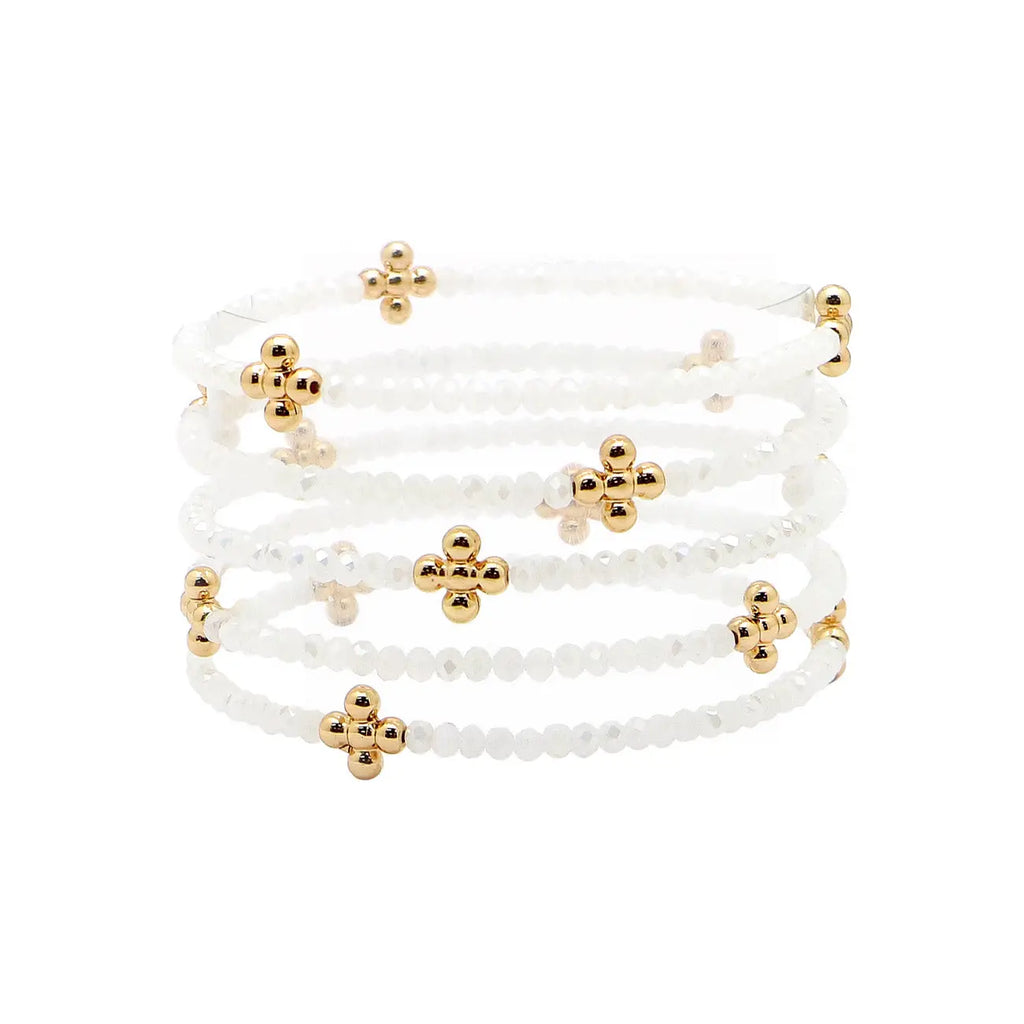 Set of 5 Gold Cross w/ White Crystal Stretch Bracelets