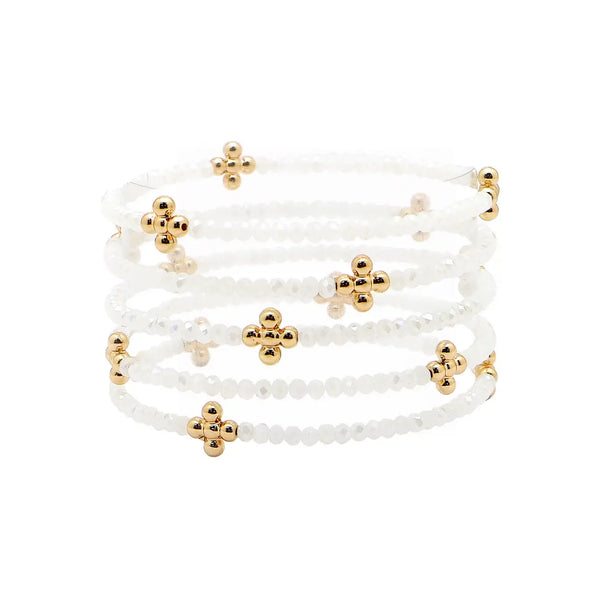 Set of 5 Gold Cross w/ White Crystal Stretch Bracelets