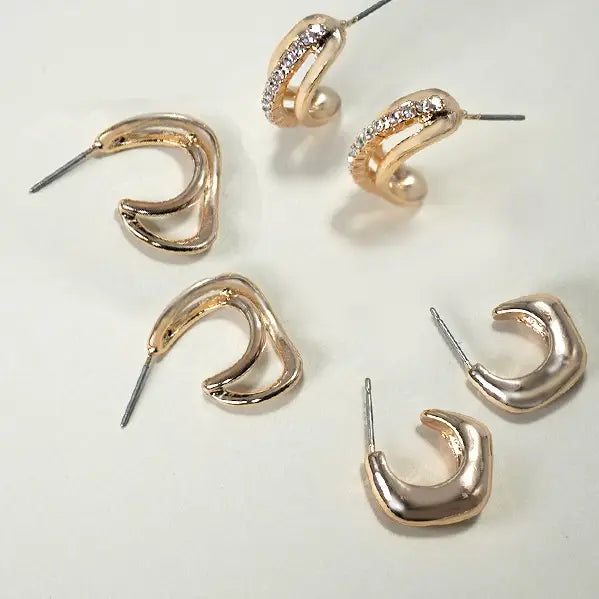Trio Rhinestone Huggie Hoop Earrings Set of 3