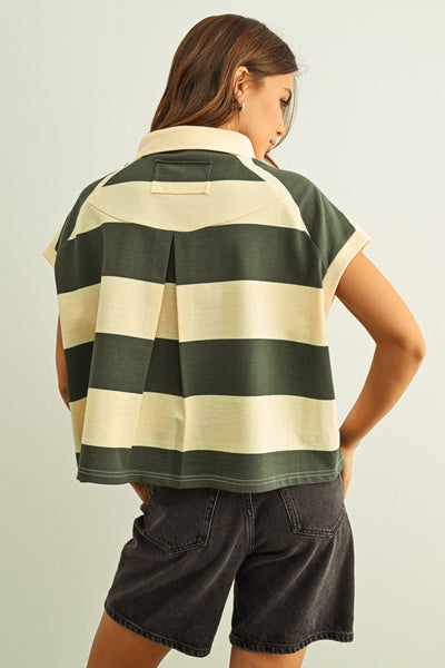 Wide Striped Sleeveless Polo Top