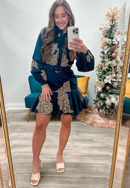 Embroidered Long Sleeve Belted Dress