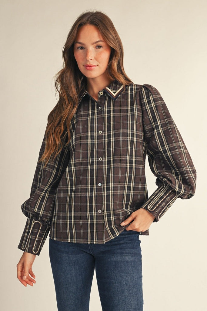 Embroidery Accent Button Down Plaid Top