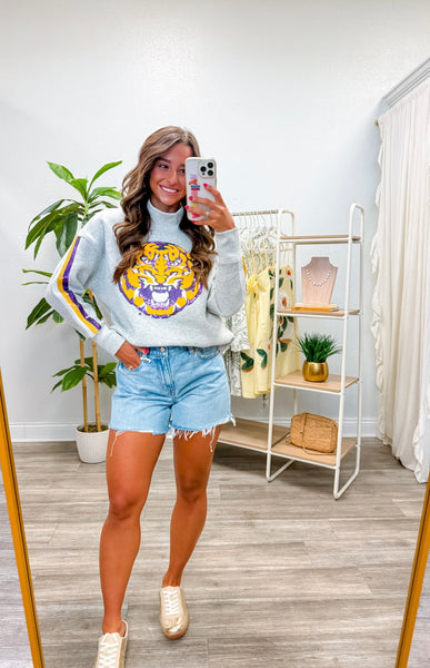 LSU Mock Neck Sequin Stripe Sweatshirt