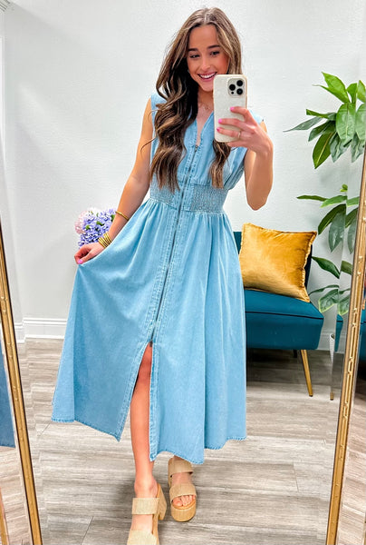Denim Sleeveless Front Zip Midi Dress