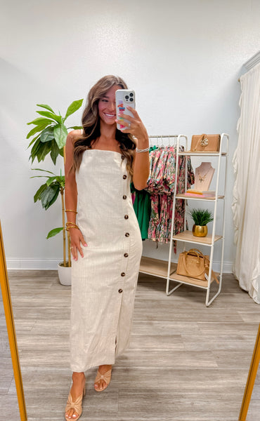 Button Detail Linen Long Dress