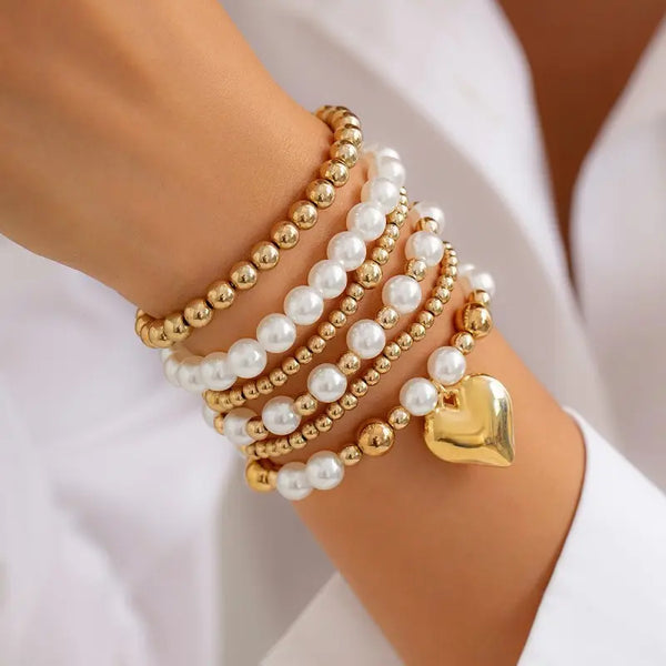 Multilayer Ball Pearl Chain Bead Heart Bracelet