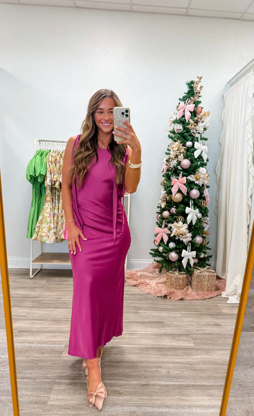 Solid Satin Cowl Back Sleeveless Bow Midi Dress