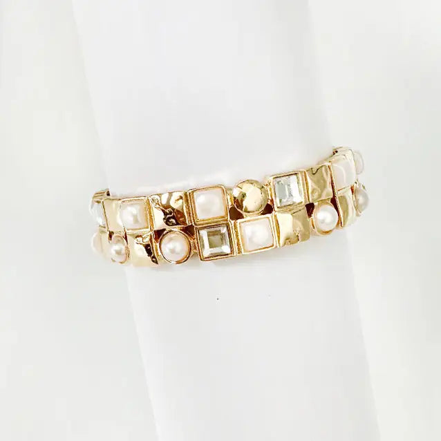 Gold Stretch Bracelet with Coin Pearls, Crystal, and Gold Accents