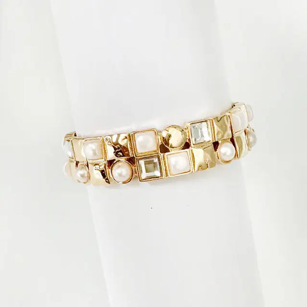 Gold Stretch Bracelet with Coin Pearls, Crystal, and Gold Accents