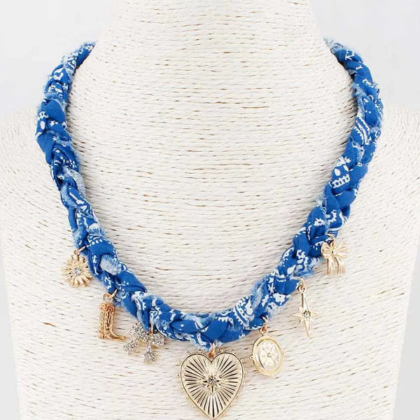 Blue Braided Scarf Necklace with Heart Bow Boot Charms