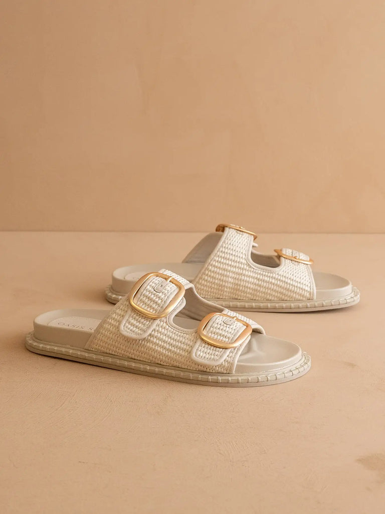 The Daytona Two-Tone Raffia Gold Buckle Sandal