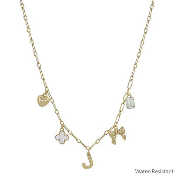 Water Resistant Gold Chain Initial Charm w/ Clover, Puffy Heart, Bow Necklace