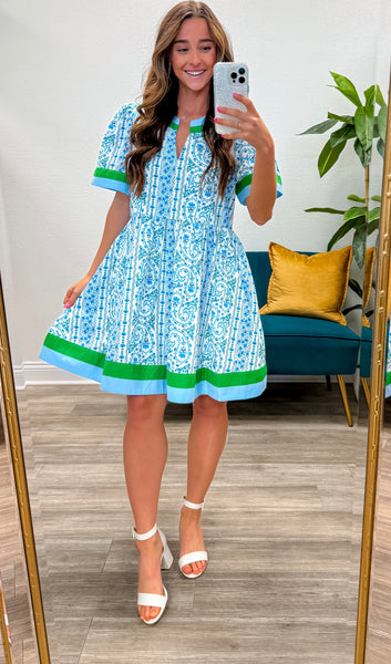 Paisley Floral Round V-Neck Mini Dress