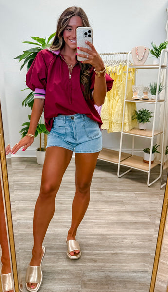 Zip-Front Closure Elbow-Length Sleeve Top