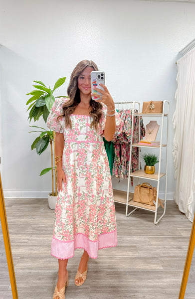 Puff Sleeves Floral Midi Dress