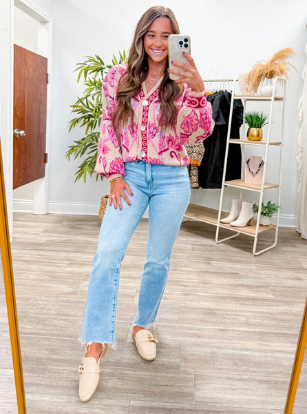 Jacquard Knit V-Neck Button Down Cardigan