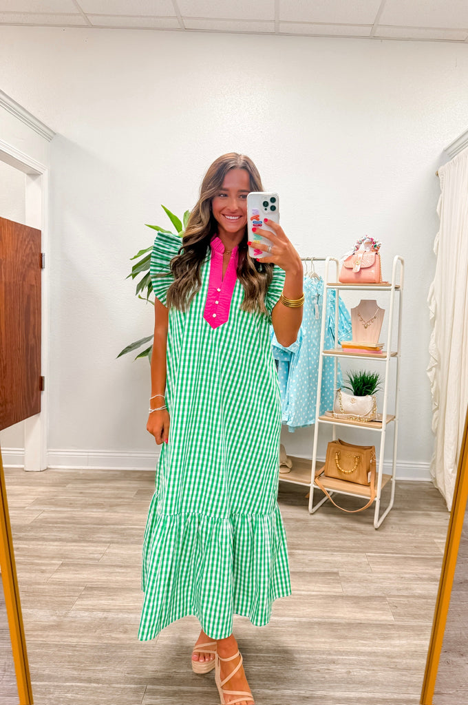 Gingham Flutter Sleeve Midi Dress